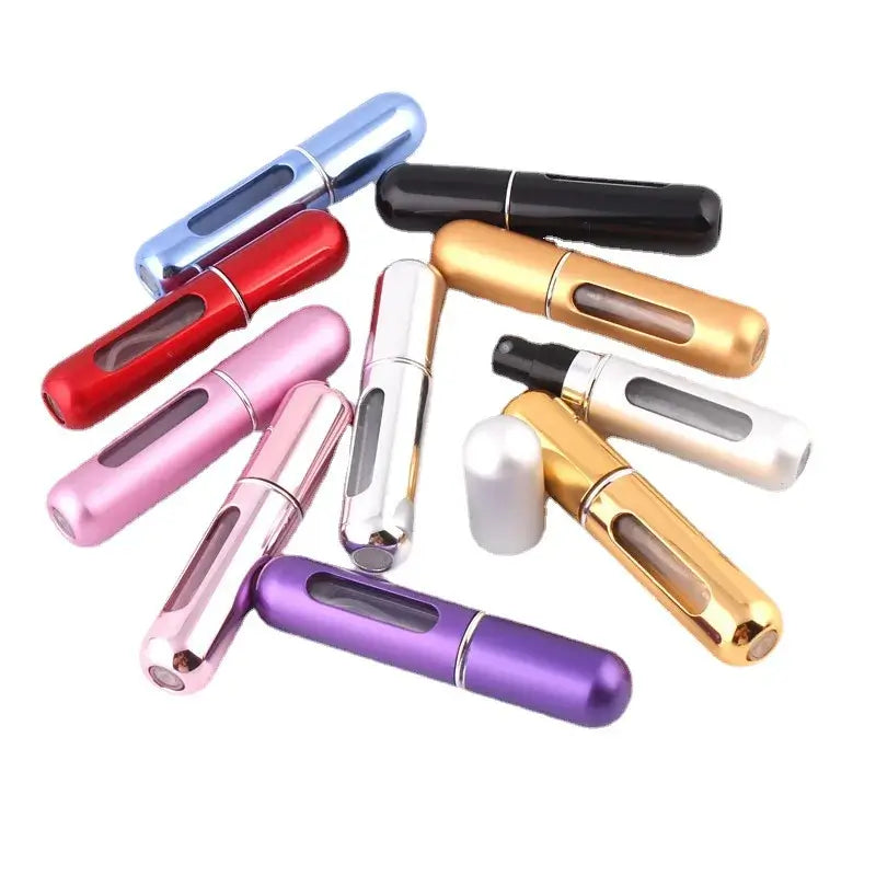 Colorful portable refillable perfume atomizer bottles in various sizes for easy travel and daily use.