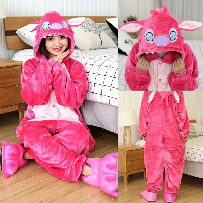 Pink Stitch cartoon onesie costume for adults, cozy hooded jumpsuit with cute ear details, perfect for lounging or parties.