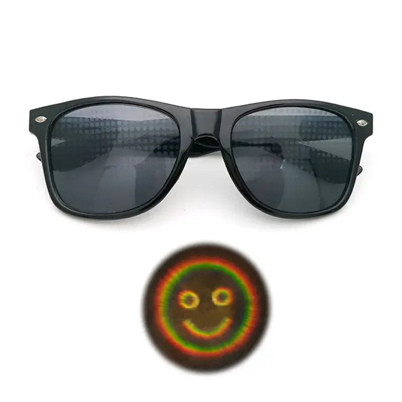 "Diffraction sunglasses with smiley face light effect, perfect for raves and light shows"