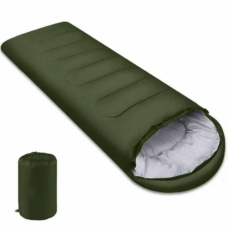 Ultralight 4-season waterproof camping sleeping bag, green envelope shape, compact and lightweight for outdoor hiking and travel.