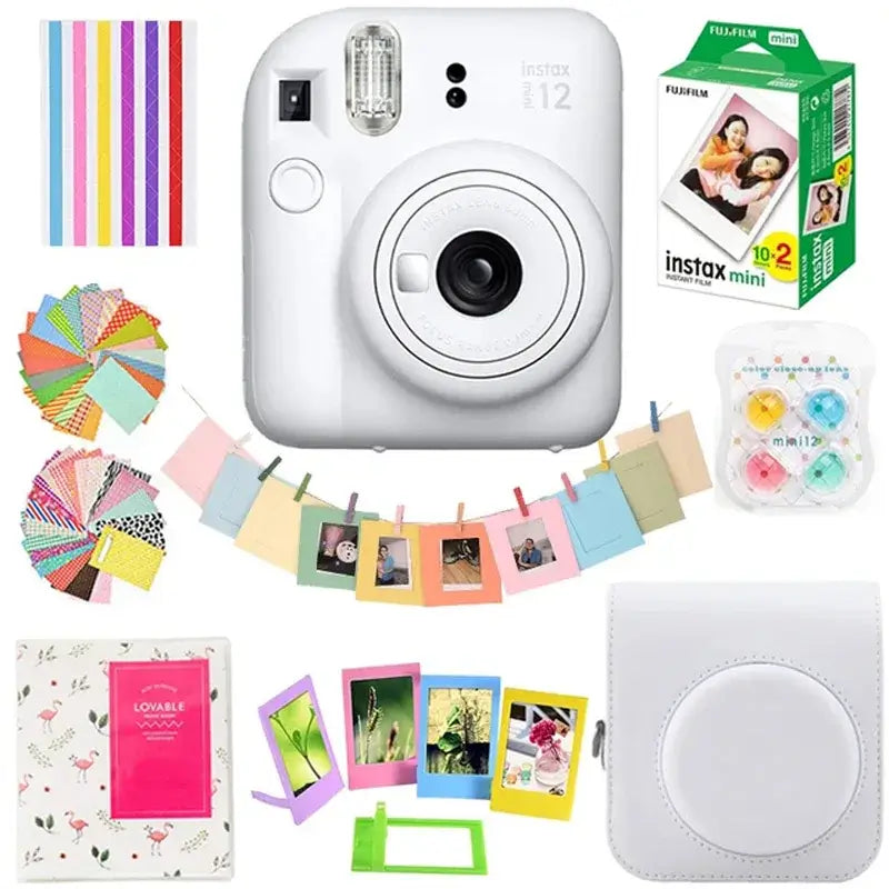 Fujifilm Instax Mini 12 camera bundle with film, accessories, and colorful frames for instant photography enthusiasts.