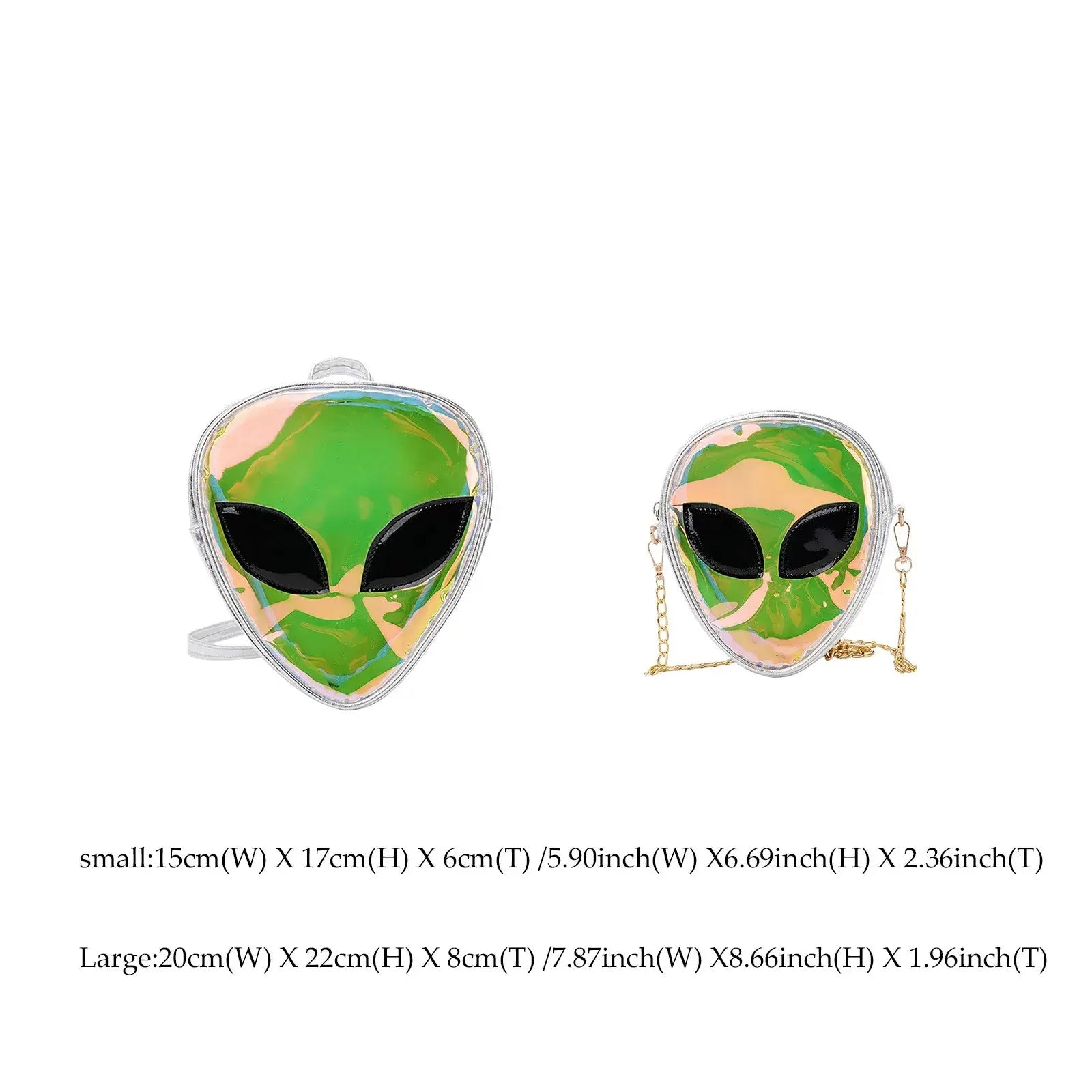 Alien head transparent jelly shoulder bag in small and large sizes for rave and festival fashion.