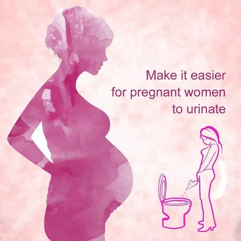 Illustration of a pregnant woman using a portable urinal funnel device with text encouraging easier urination.