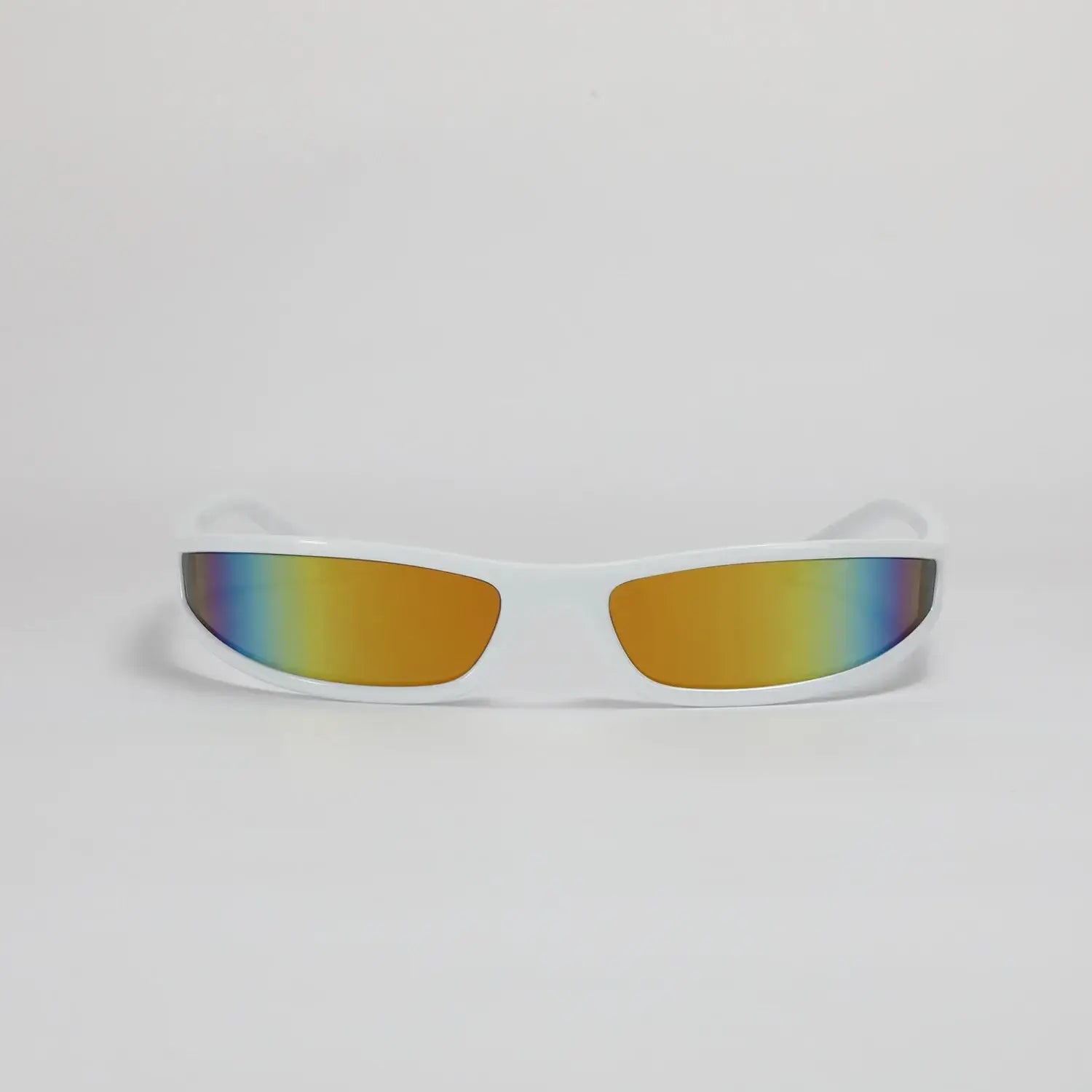 Y2K futuristic narrow frame sunglasses with vibrant lenses for raves and festivals, offering high UV protection.