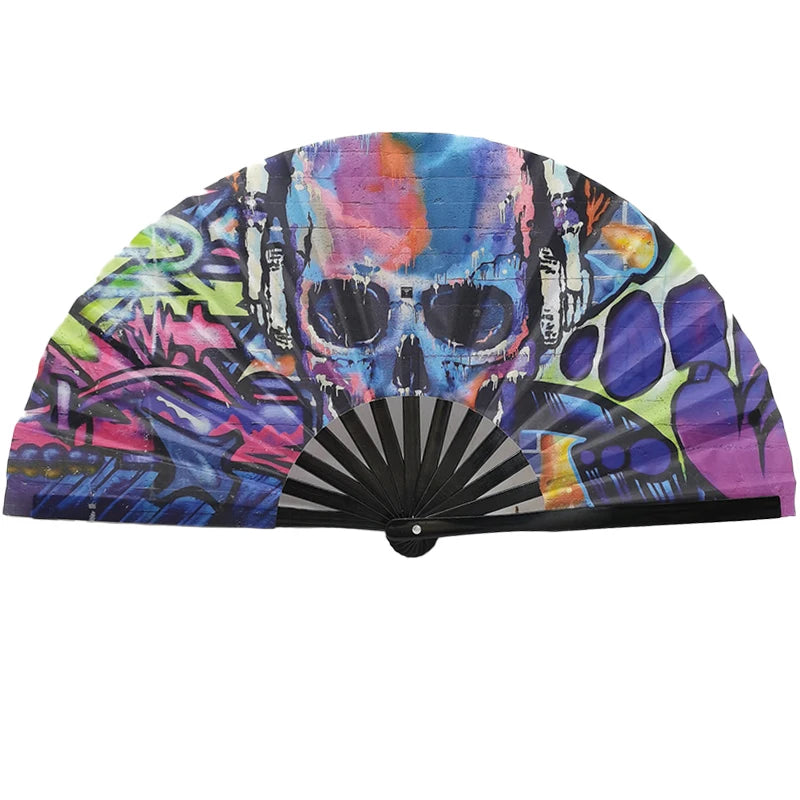 Gradient reflective foldable handheld fan with vibrant skull graffiti design, perfect for festivals and dance events.