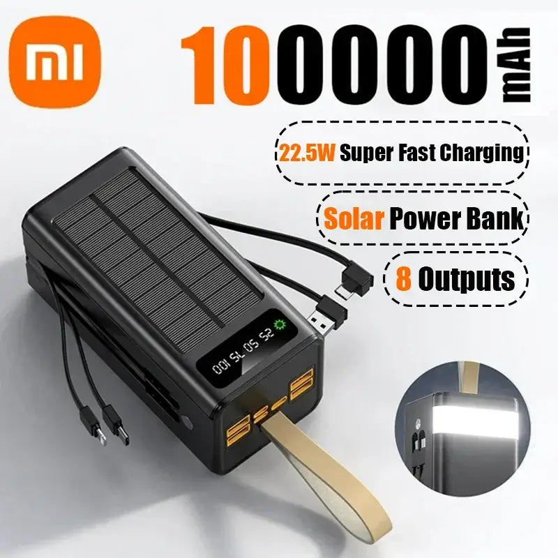 Xiaomi 100000mAh solar power bank with built-in cables, LED light, and fast charging. Features 8 outputs and 22.5W charging.