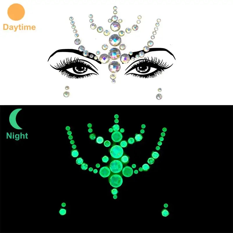 3D glowing rhinestone face stickers showing daytime and night luminous effects, perfect for festival makeup.