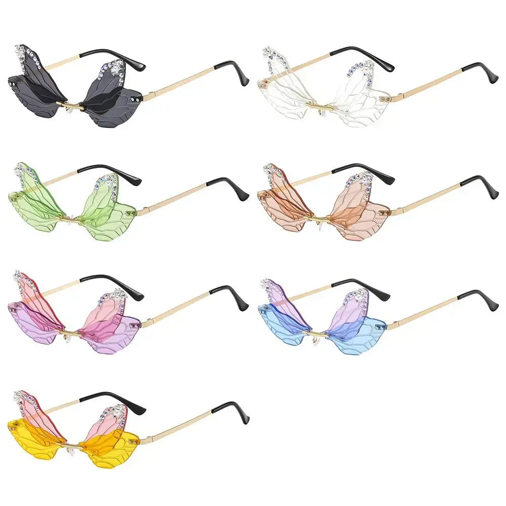 Dragonfly Wings Sunglasses with Diamond Bling, Luxury Irregular Frames in Multiple Colors for Parties and Fashion Events