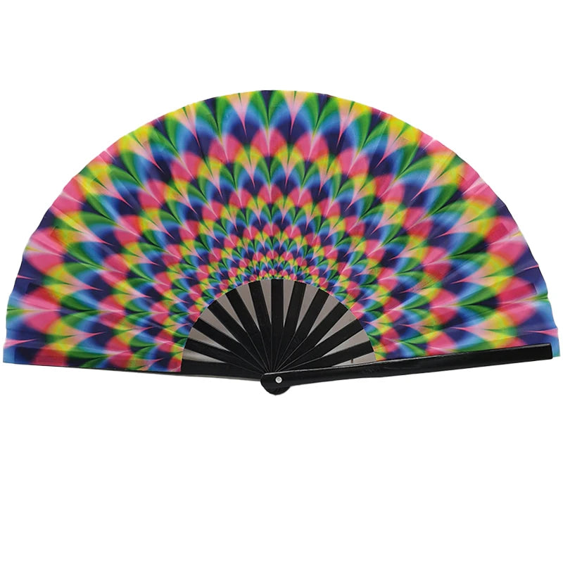 Colorful gradient reflective foldable handheld fan, perfect for festivals and dance events, vibrant rainbow design.