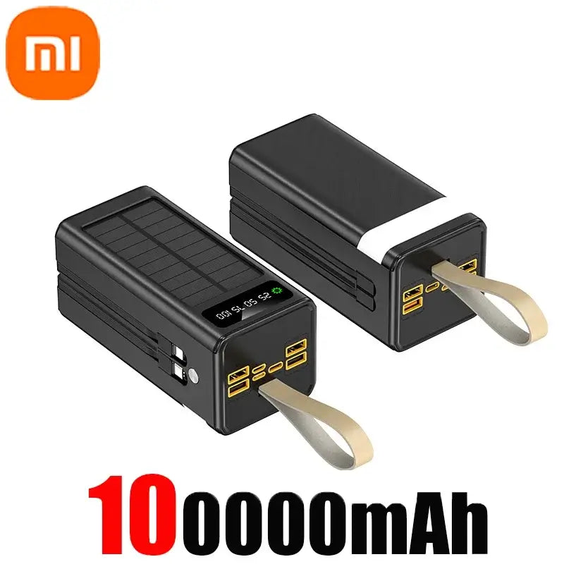 Xiaomi 100000mAh solar power bank with built-in cables, LED light, and fast charging, ideal for outdoor use and emergencies.