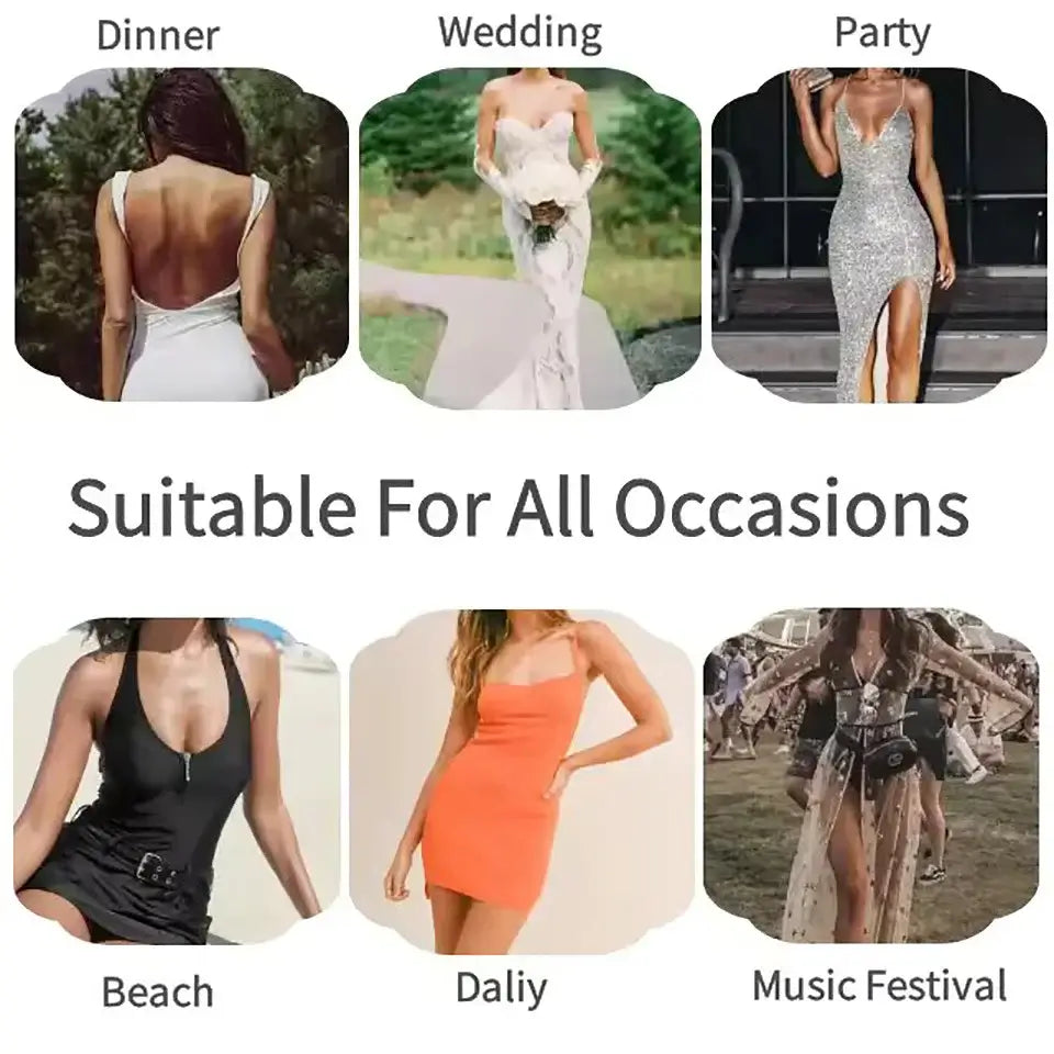 "Collage of outfits for dinner, wedding, party, beach, daily wear, and music festivals, showcasing versatility for all occasions."