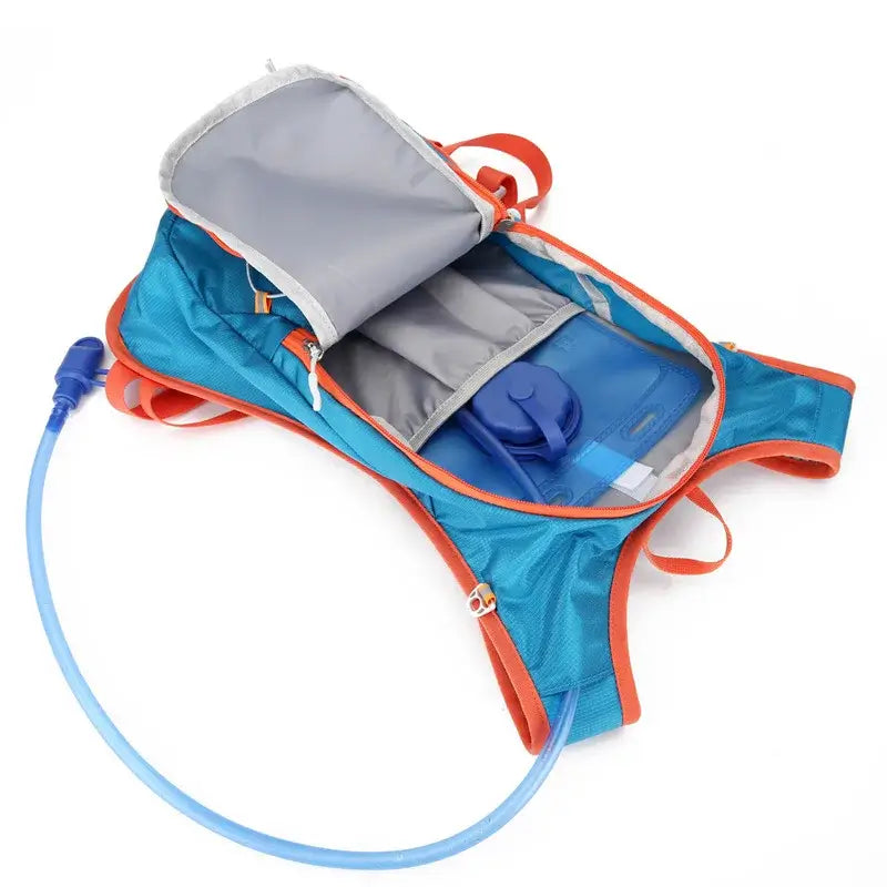 Blue hydration backpack with open compartment and water reservoir, designed for festivals and parties.