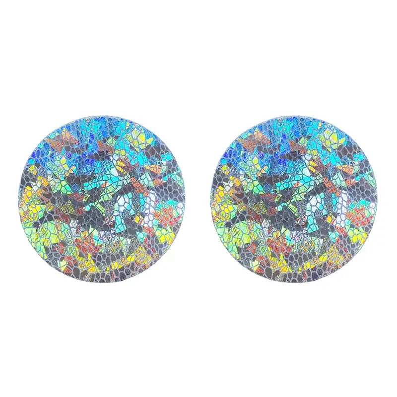 Ultra-thin laser sequin nipple covers with colorful mosaic design for stylish, disposable adhesive pasties. Perfect for parties and festivals.