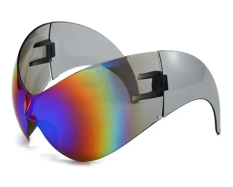 Y2K oversized wrap sunglasses with rainbow tint and UV400 protection, perfect for festivals and raves.