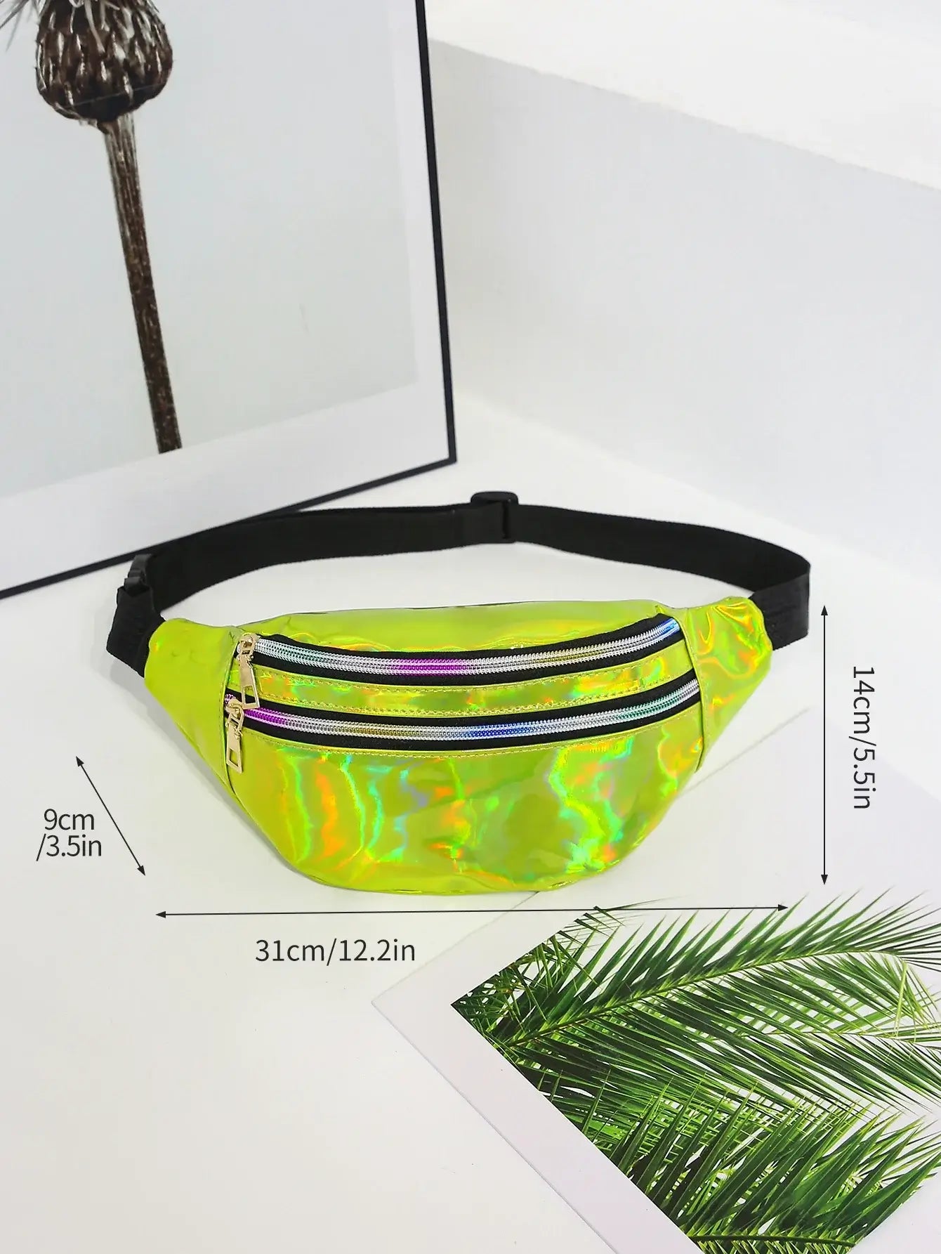 Holographic laser waist bag with adjustable strap, versatile for festivals and travel, displayed with dimensions on white surface.