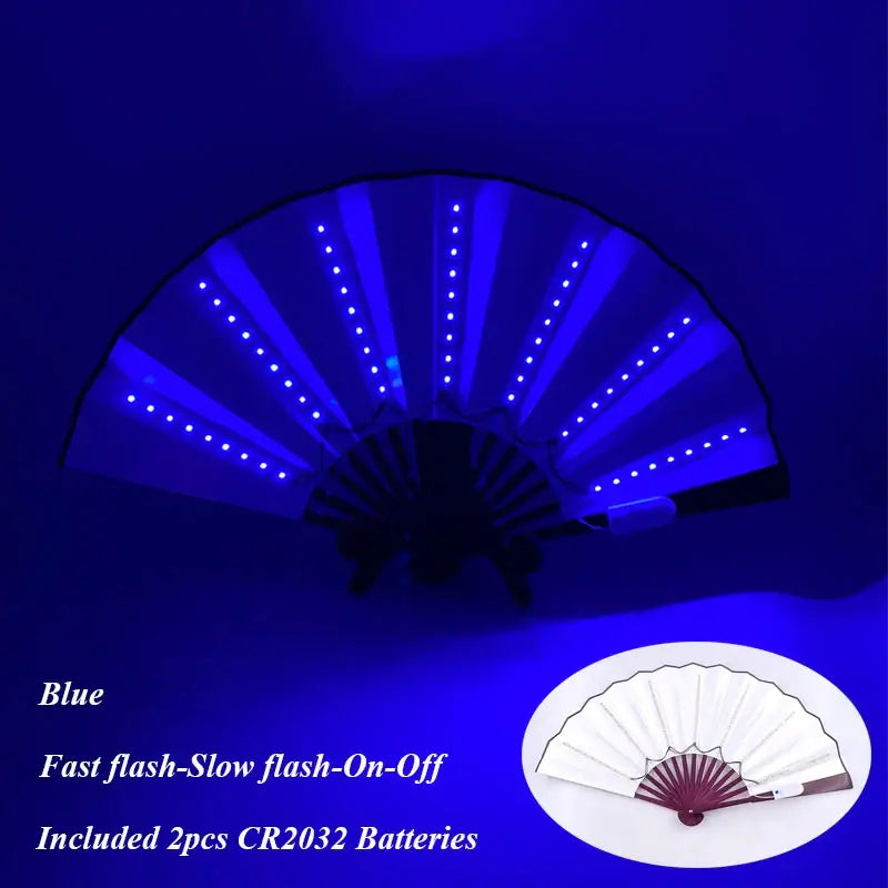 Blue LED glow folding fan with vibrant lights, ideal for performances and parties. Includes 2 CR2032 batteries.