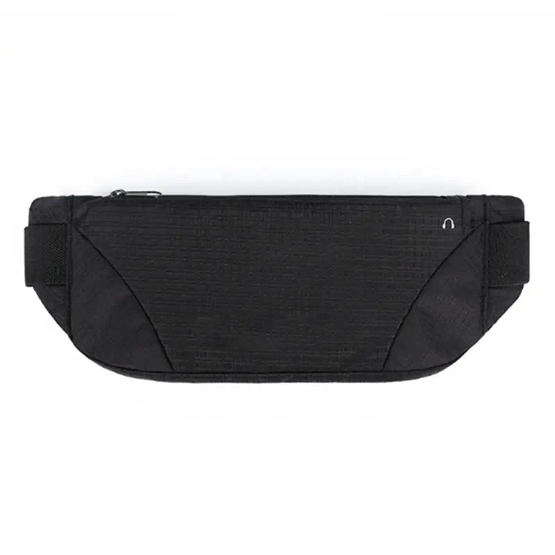 Waterproof black waist pack with phone pocket, perfect for festivals and parties. Lightweight polyester, 32x11cm, keeps essentials secure.