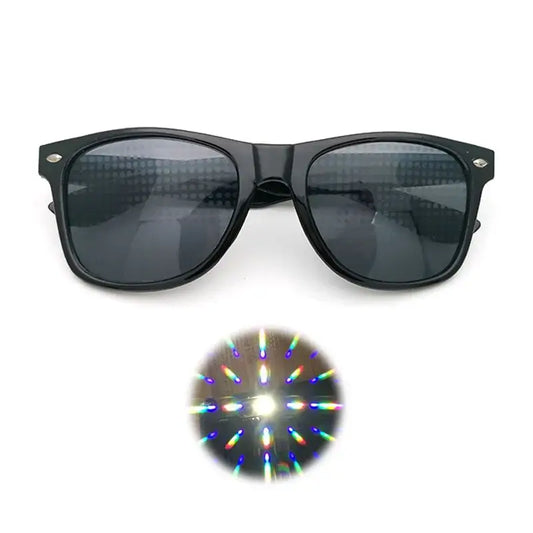 Black diffraction sunglasses with rainbow light effect for raves and light shows, featuring polarized UV400 lenses.