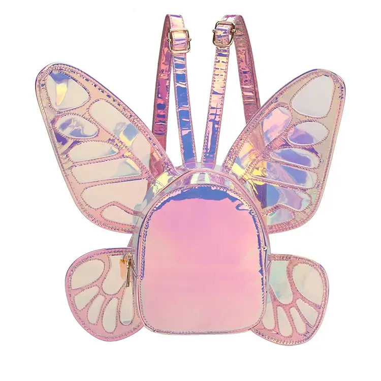 Holographic mini backpack with butterfly wings, reflective laser finish, ideal for festivals, parties, and casual outings.