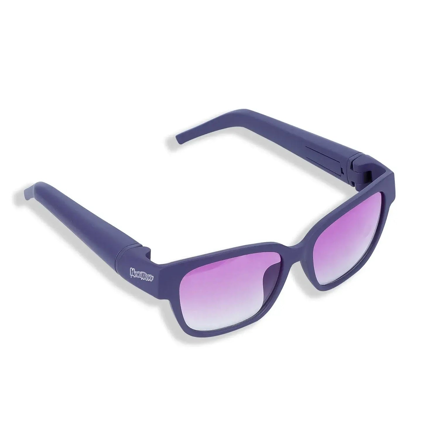 Purple hidden storage sunglasses with pink gradient lenses and removable holder, ideal for discreet smoking and style.