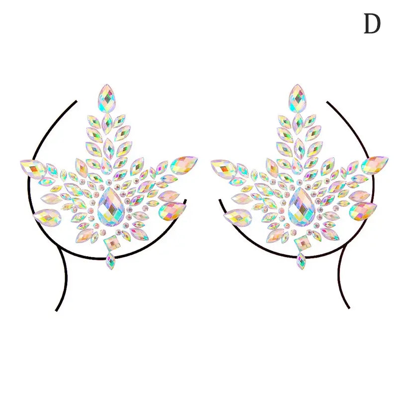 Rhinestone breast jewels for festivals or parties, featuring sparkling design and easy application. Perfect body gems for unique style.