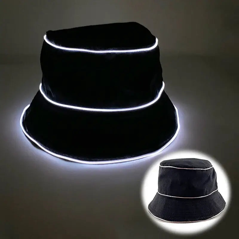 LED glowing bucket hat in black, showcasing neon light-up effects, perfect for beach parties and raves.