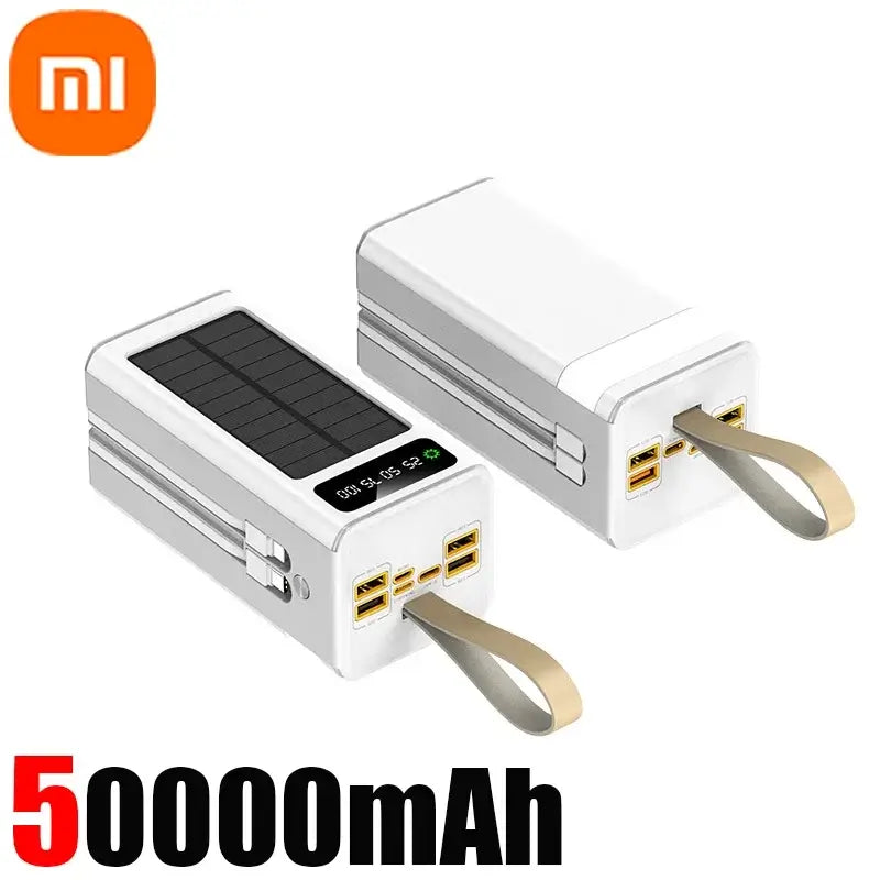 Xiaomi 50000mAh solar power bank with built-in cables and LED light for fast charging and emergencies.