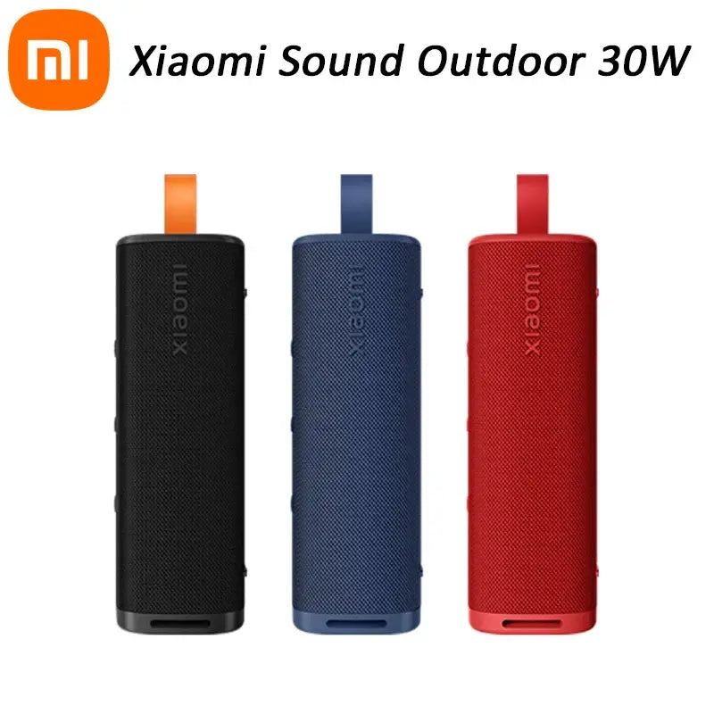 Xiaomi Sound Outdoor 30W Portable Bluetooth Speaker in black, blue, and red, ideal for festivals with powerful sound and long battery life.