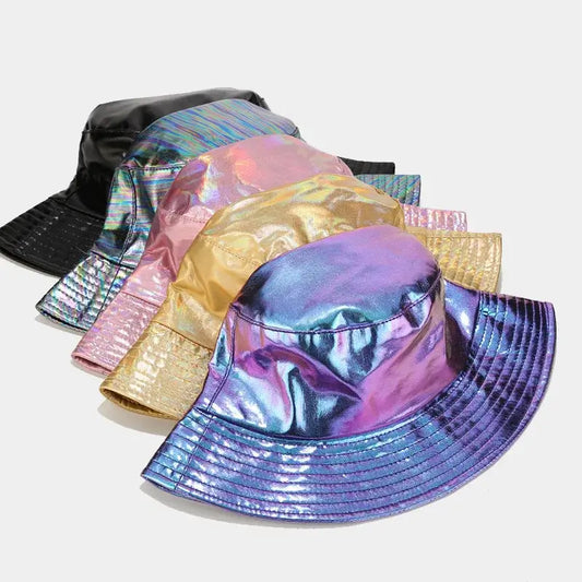 Colorful waterproof PU leather bucket hats with wide brims and UV protection, available in various styles for outdoor activities.