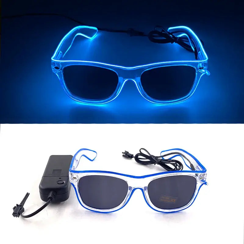 Blue LED glowing glasses with EL wire design, perfect for parties and festivities, featuring battery-powered illumination.