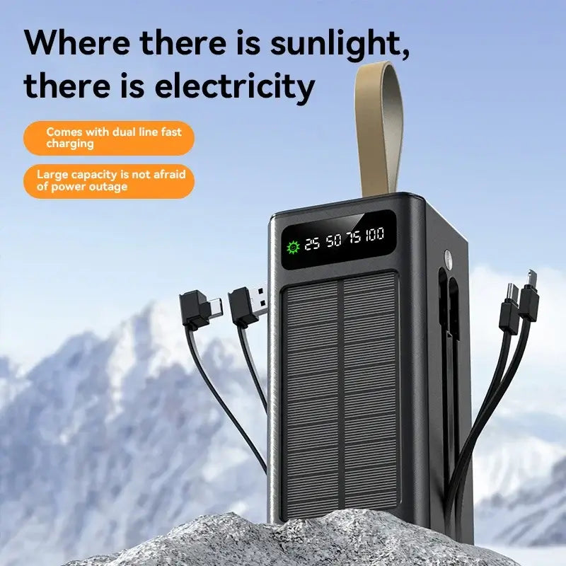 Solar power bank with built-in cables and LED display in a mountainous background, highlighting fast charging and large capacity.