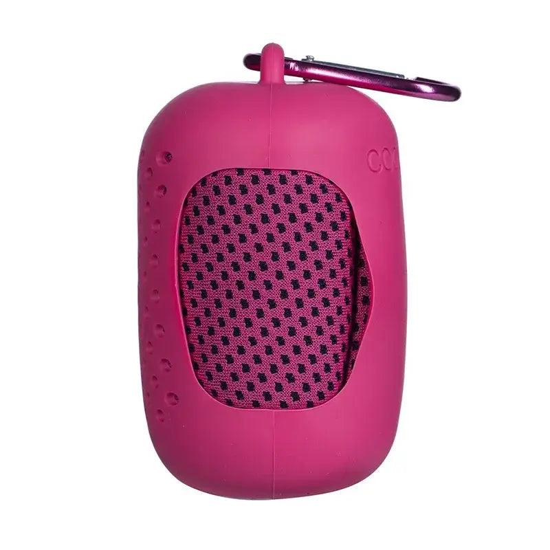 Pink microfiber sports towel in a compact case with a carabiner clip for easy carrying and quick-dry convenience.