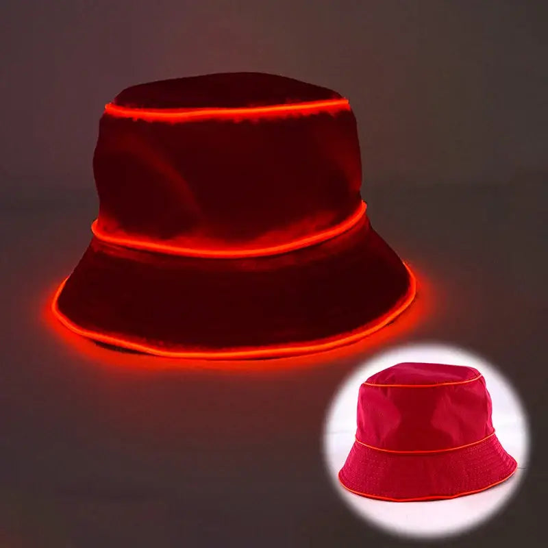 LED glowing bucket hat in red, perfect for beach and party events, showcasing neon light-up design for night events.