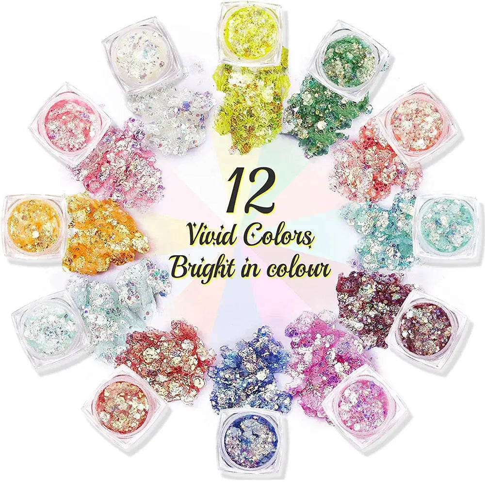 "12 vibrant colors of UV glow glitter gel for festival face and body art"