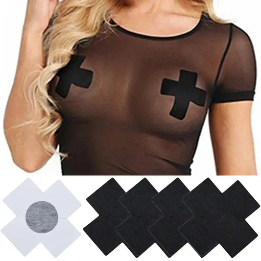 Woman wearing black cross nipple covers under sheer top for discreet, stylish support; ideal for festival and intimate outfits.