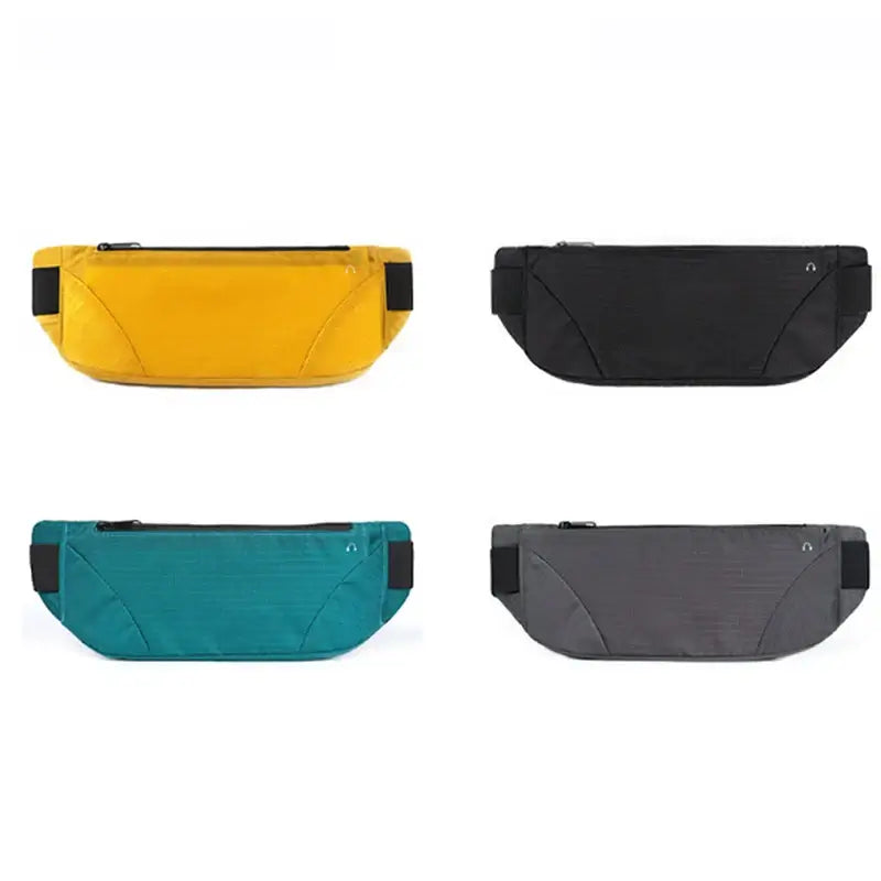 "Four waterproof waist packs in yellow, black, teal, and gray, ideal for raves, parties, and festivals with phone-friendly pocket."