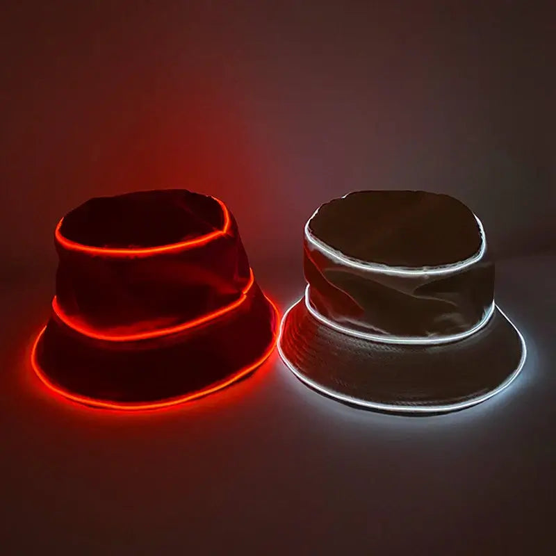 LED glowing bucket hats in red and white, perfect for night events and parties. Ideal for outdoor activities, stylish and comfortable fit.