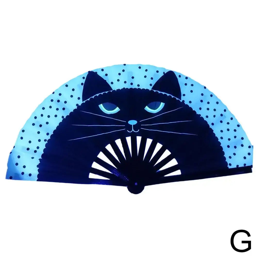 Gradient colorful reflective foldable rave fan with cat design, perfect for festivals and party dance activities.