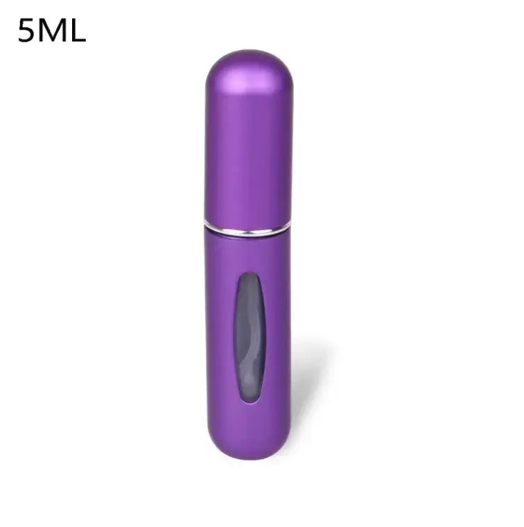 Purple 5ml refillable perfume atomizer bottle, compact for travel, with a sleek design and visible window for perfume levelCHECK.