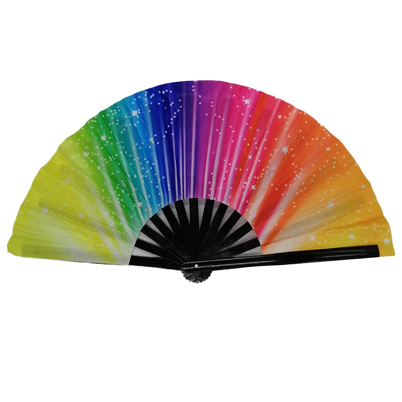 Vibrant gradient handheld fan with reflective colors, ideal for festivals, parties, and dance events, featuring a foldable design.