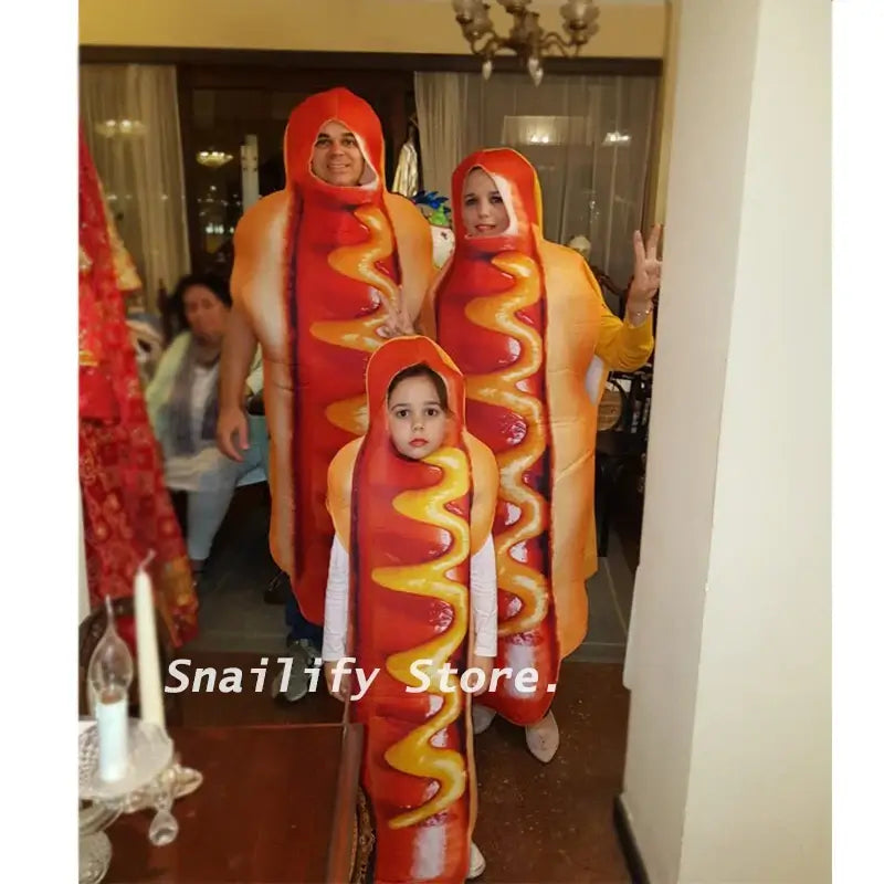 Family wearing funny hot dog costumes with 3D sausage print at a festival, featuring matching adult and child outfits.