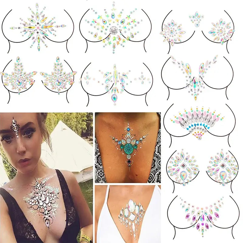 Rhinestone breast jewels and tattoo stickers for festival and party wear, featuring various sparkling designs on model's chest.