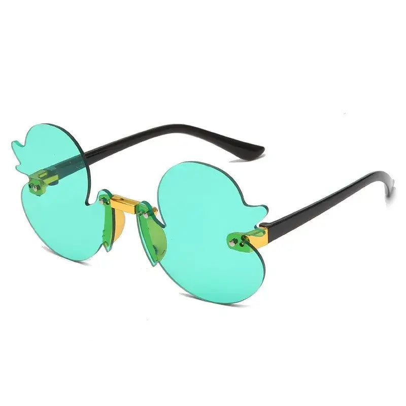 Duck-shaped rimless sunglasses with UV400 green lenses, perfect for festivals and rave parties. Durable and lightweight design.