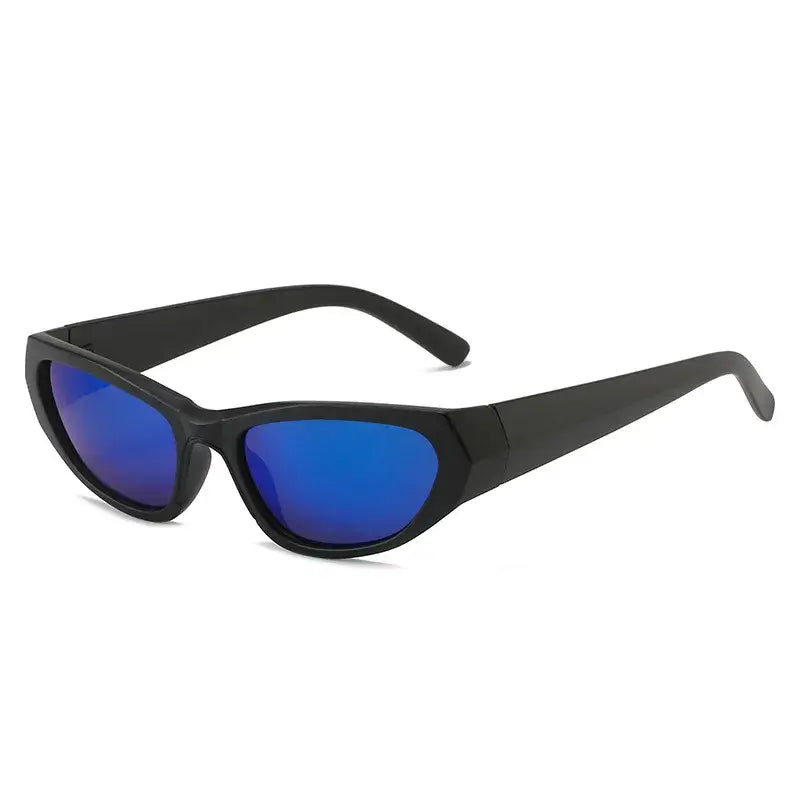 Futuristic steampunk cyberpunk sunglasses with blue mirror lenses and black frame for rave, festival, and party fashion.