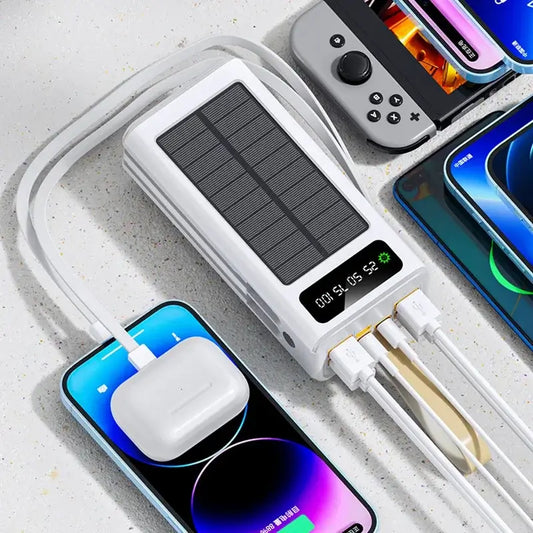 Xiaomi solar power bank charging multiple devices with built-in cables, showcasing LED display and sleek design for outdoor use.