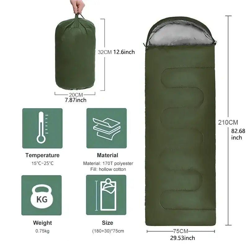 Ultralight waterproof green camping sleeping bag with dimensions and features, ideal for 4-season hiking, compact and lightweight design.