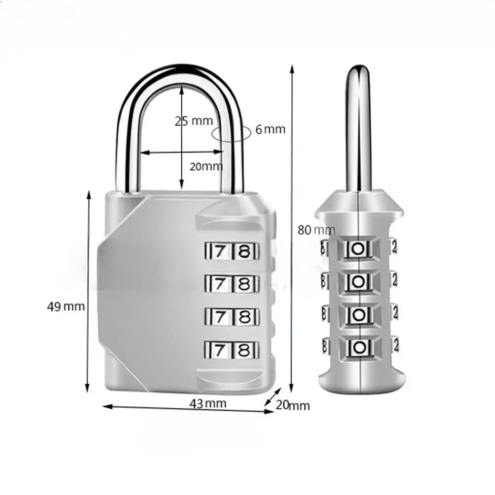 Heavy duty 4-digit combination padlock with measurements for outdoor security, weatherproof and rust-resistant features.