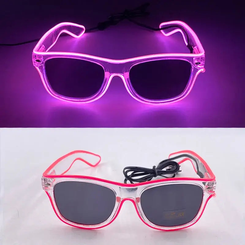 Neon pink glowing LED glasses with EL wire design, perfect for parties and celebrations, shown in lit and unlit modes.