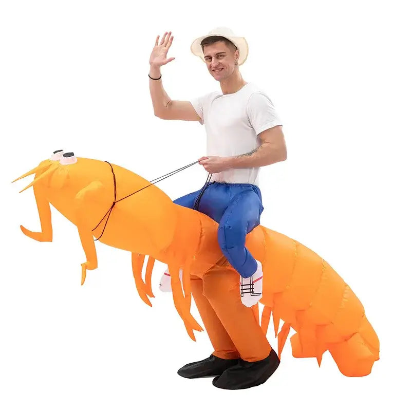 Man in inflatable shrimp costume waving, perfect for festivals and parties.