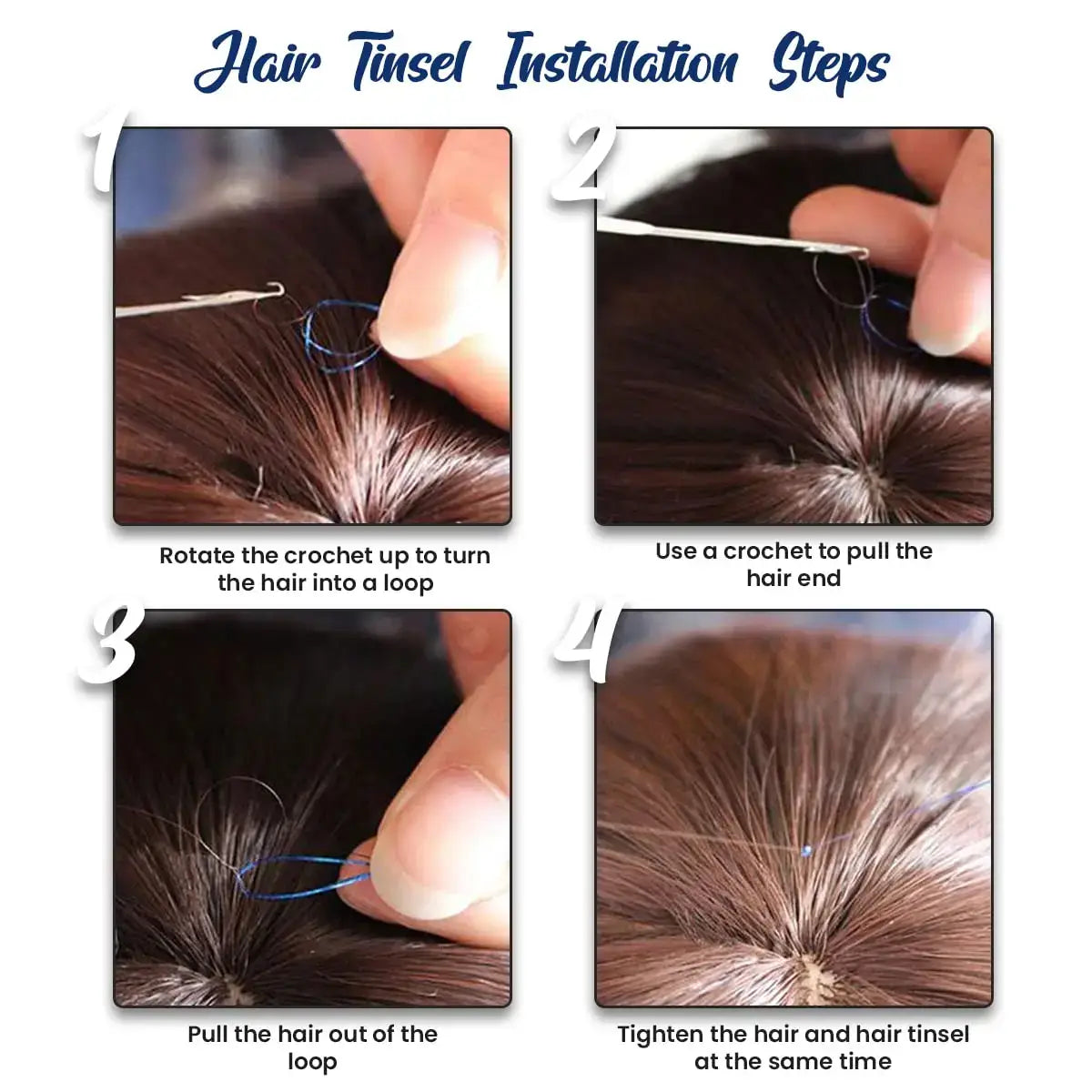 Hair tinsel installation steps with instructions, including rotating crochet, pulling hair end, and tightening tinsel for sparkling hairstyles.